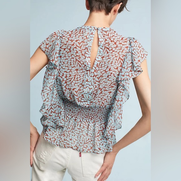 ANTHROPOLOGIE Feather Bone Allegra Top Ruffles Smocked M - Picture 2 of 9
